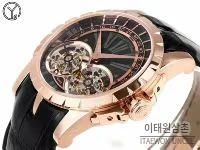 로저드뷔 엑스칼리버 로즈골드 스켈레톤 더블투르비옹 수동 45mm 블랙 다이얼 블랙 가죽 스트랩 로즈골드 베젤
