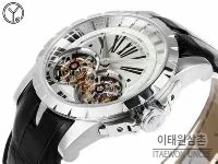 로저드뷔 엑스칼리버 로즈골드 스켈레톤 더블투르비옹 수동 45mm 화이트 다이얼 블랙 가죽 스트랩 실버 베젤