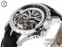 로저드뷔 엑스칼리버 로즈골드 스켈레톤 더블투르비옹 수동 45mm 블랙 다이얼 블랙 가죽 스트랩 실버 베젤