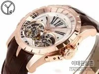 로저드뷔 엑스칼리버 로즈골드 스켈레톤 더블투르비옹 수동 45mm 화이트 다이얼 브라운 가죽 스트랩 로즈골드 베젤