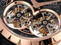 로저드뷔 엑스칼리버 로즈골드 스켈레톤 더블투르비옹 수동 45mm 블랙 다이얼 블랙 가죽 스트랩 로즈골드 베젤