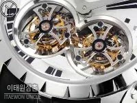 로저드뷔 엑스칼리버 로즈골드 스켈레톤 더블투르비옹 수동 45mm 화이트 다이얼 블랙 가죽 스트랩 실버 베젤