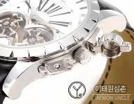 로저드뷔 엑스칼리버 로즈골드 스켈레톤 더블투르비옹 수동 45mm 화이트 다이얼 블랙 가죽 스트랩 실버 베젤