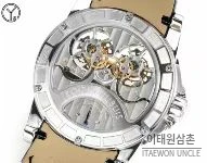 로저드뷔 엑스칼리버 로즈골드 스켈레톤 더블투르비옹 수동 45mm 블랙 다이얼 블랙 가죽 스트랩 실버 베젤