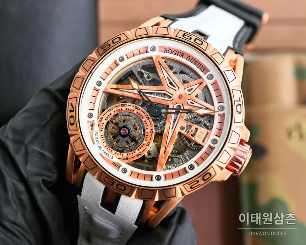 로저드뷔 엑스칼리버 스켈레톤 더블밸런스 티타늄 오토매틱 46mm 스켈레톤 다이얼 화이트 러버 스트랩