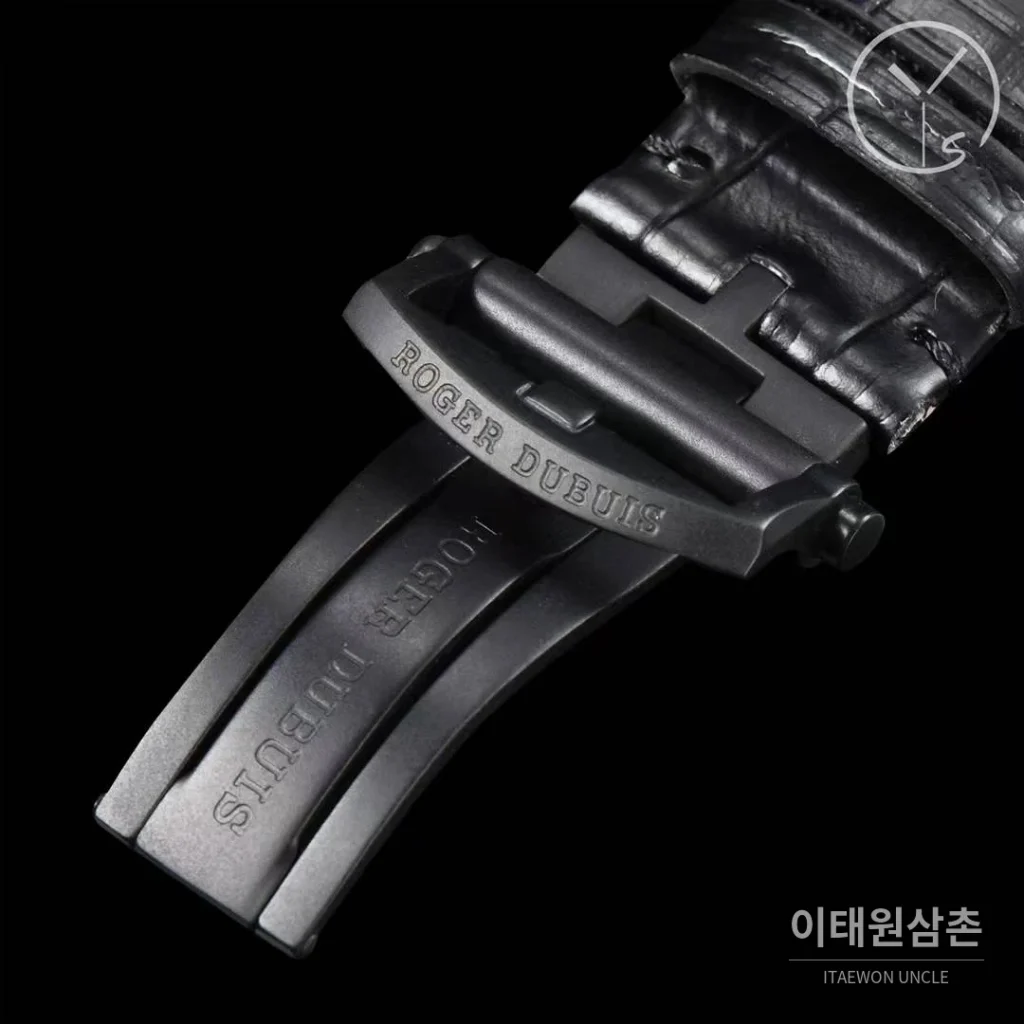로저드뷔 엑스칼리버 스켈레톤 더블투르비옹 수동 45mm 스켈레톤 다이얼 블랙 가죽 스트랩 블랙 베젤