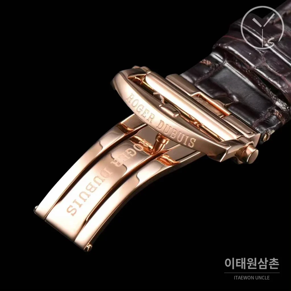 로저드뷔 엑스칼리버 스켈레톤 더블투르비옹 수동 45mm 스켈레톤 다이얼 블랙 가죽 스트랩 로즈골드 베젤