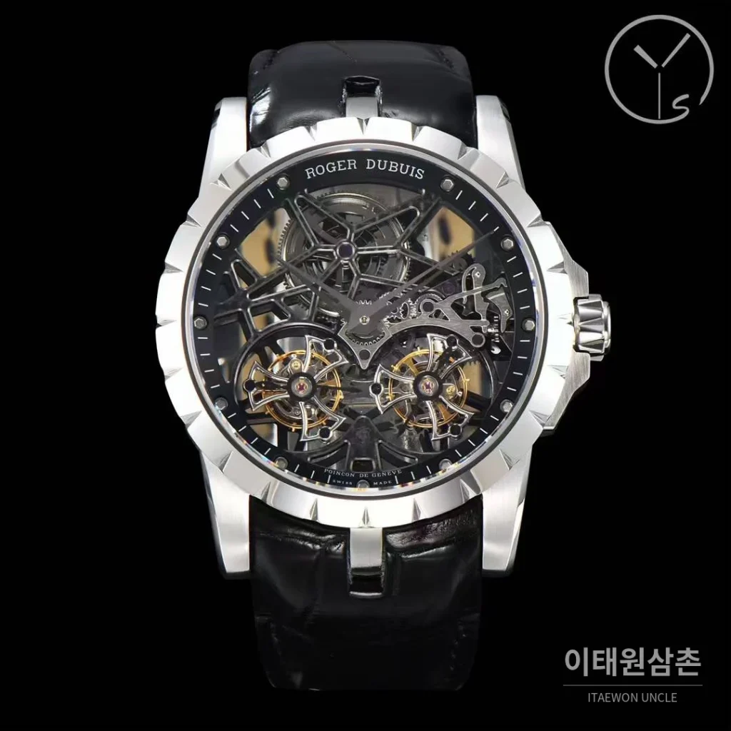 로저드뷔 엑스칼리버 스켈레톤 더블투르비옹 수동 45mm 스켈레톤 다이얼 블랙 가죽 스트랩 실버 베젤
