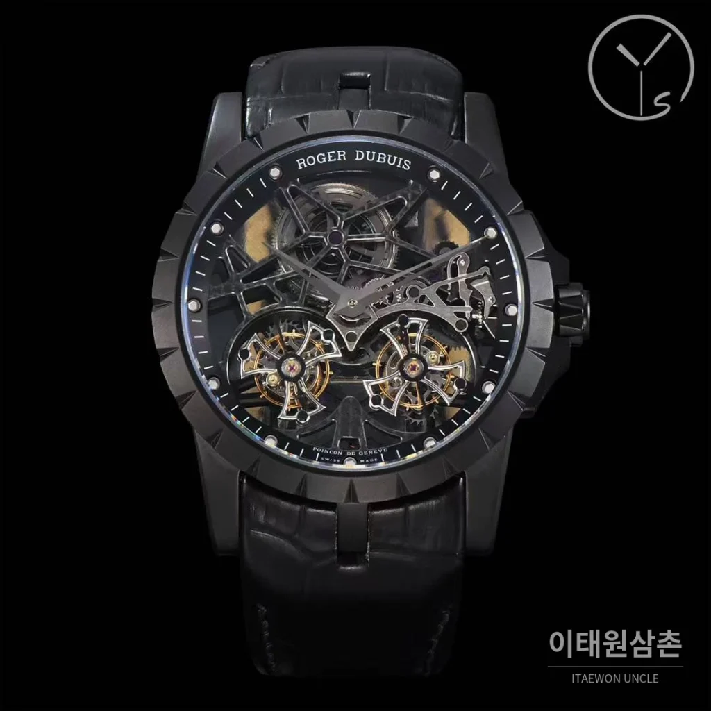 로저드뷔 엑스칼리버 스켈레톤 더블투르비옹 수동 45mm 스켈레톤 다이얼 블랙 가죽 스트랩 블랙 베젤