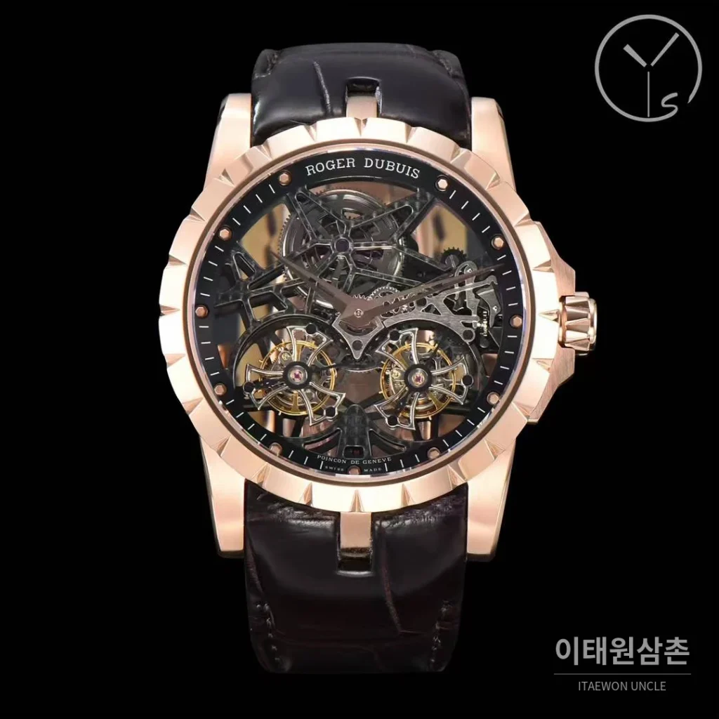 로저드뷔 엑스칼리버 스켈레톤 더블투르비옹 수동 45mm 스켈레톤 다이얼 블랙 가죽 스트랩 로즈골드 베젤