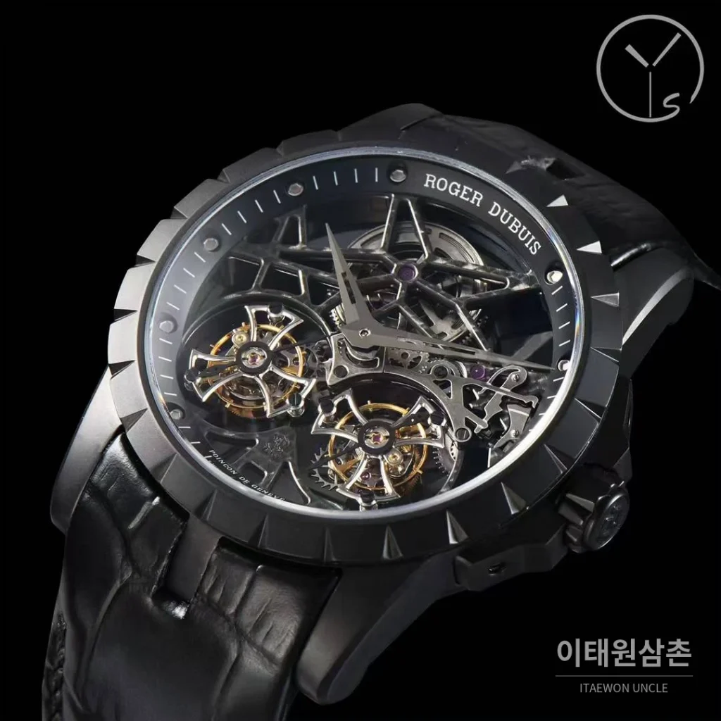 로저드뷔 엑스칼리버 스켈레톤 더블투르비옹 수동 45mm 스켈레톤 다이얼 블랙 가죽 스트랩 블랙 베젤
