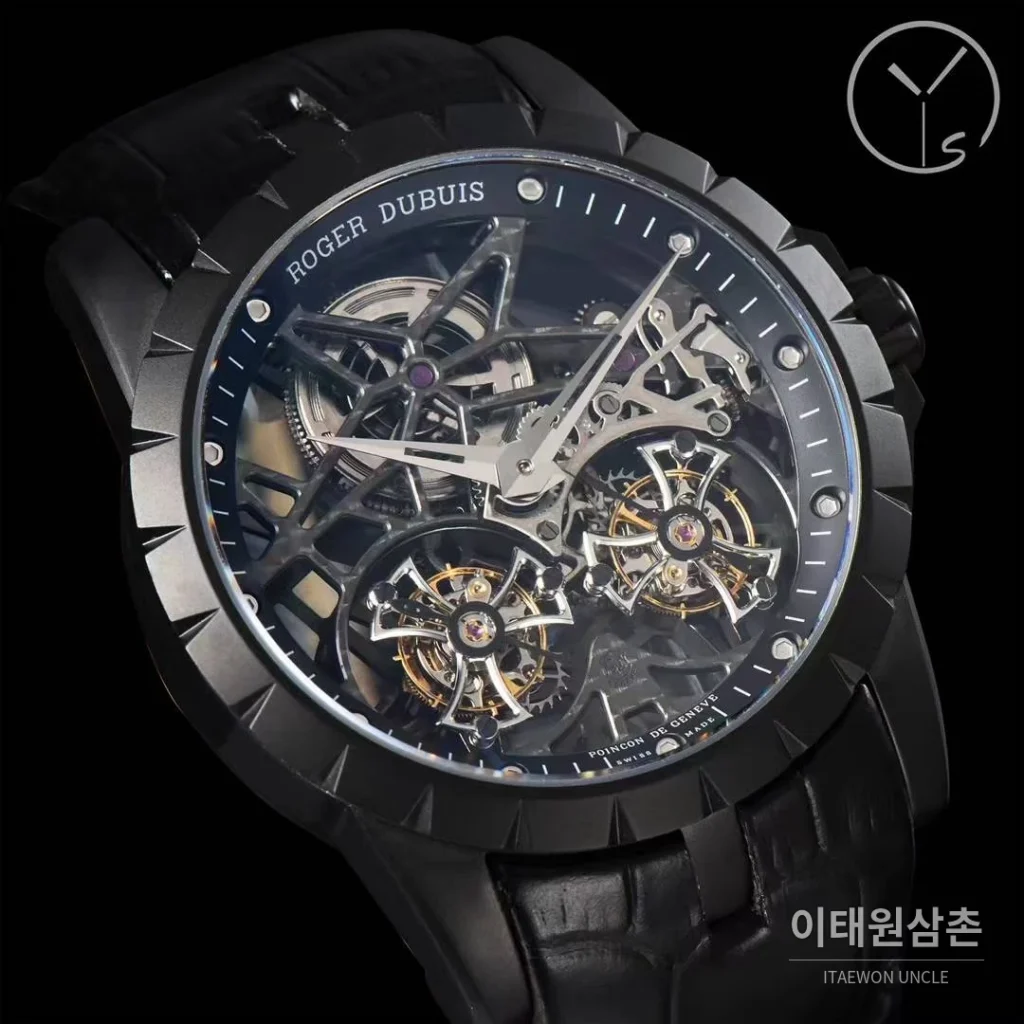 로저드뷔 엑스칼리버 스켈레톤 더블투르비옹 수동 45mm 스켈레톤 다이얼 블랙 가죽 스트랩 블랙 베젤