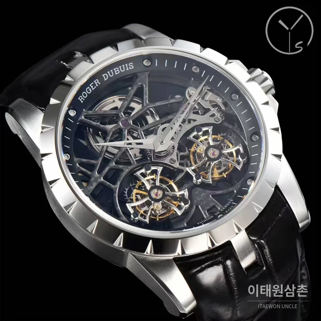 로저드뷔 엑스칼리버 스켈레톤 더블투르비옹 수동 45mm 스켈레톤 다이얼 블랙 가죽 스트랩 실버 베젤