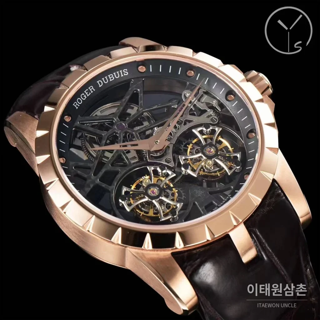 로저드뷔 엑스칼리버 스켈레톤 더블투르비옹 수동 45mm 스켈레톤 다이얼 블랙 가죽 스트랩 로즈골드 베젤