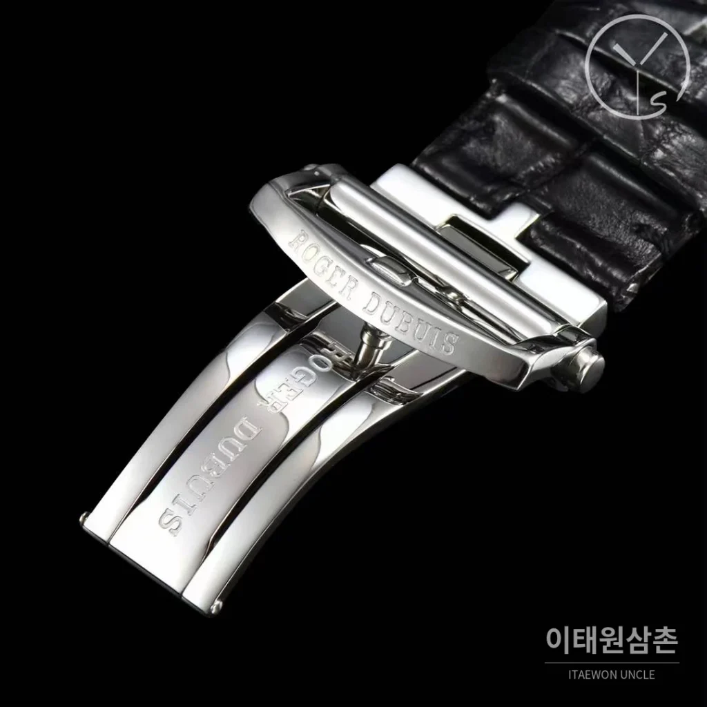 로저드뷔 엑스칼리버 스켈레톤 더블투르비옹 수동 45mm 스켈레톤 다이얼 블랙 가죽 스트랩 실버 베젤