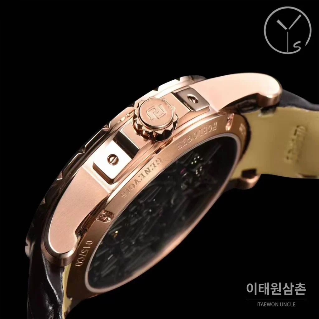 로저드뷔 엑스칼리버 스켈레톤 더블투르비옹 수동 45mm 스켈레톤 다이얼 블랙 가죽 스트랩 로즈골드 베젤