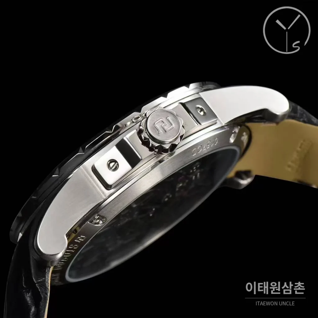 로저드뷔 엑스칼리버 스켈레톤 더블투르비옹 수동 45mm 스켈레톤 다이얼 블랙 가죽 스트랩 실버 베젤