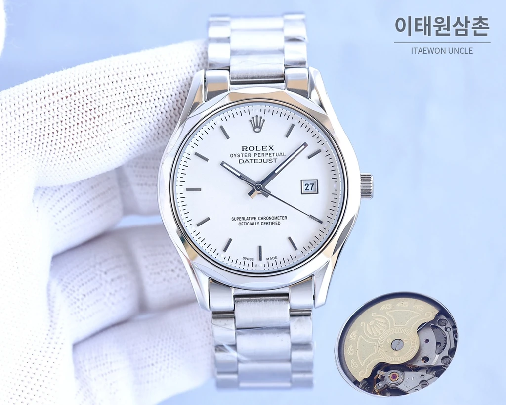 롤렉스 2024 316L 스틸 다이아몬드 베젤 카프스킨 스트랩 워치 40mm