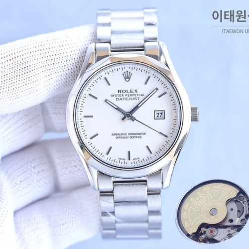 롤렉스 2024 316L 스틸 다이아몬드 베젤 카프스킨 스트랩 워치 40mm