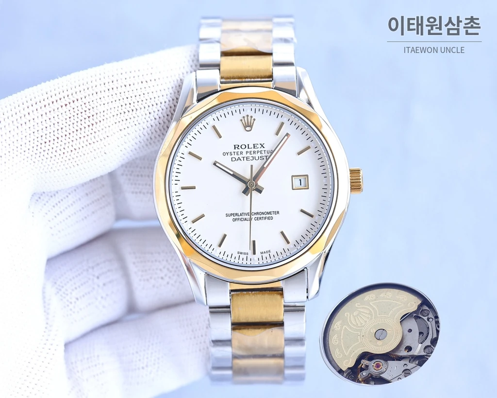 롤렉스 2024 316L 스틸 다이아몬드 베젤 카프스킨 스트랩 워치 40mm
