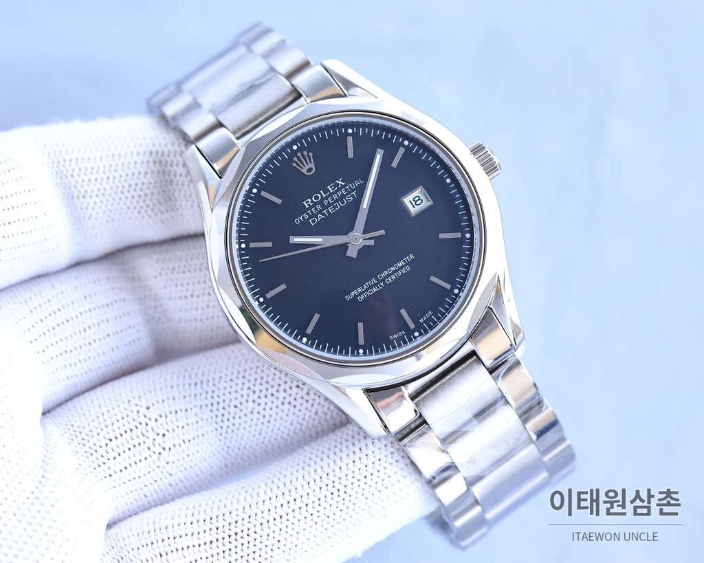 롤렉스 2024 316L 스틸 다이아몬드 베젤 카프스킨 스트랩 워치 40mm