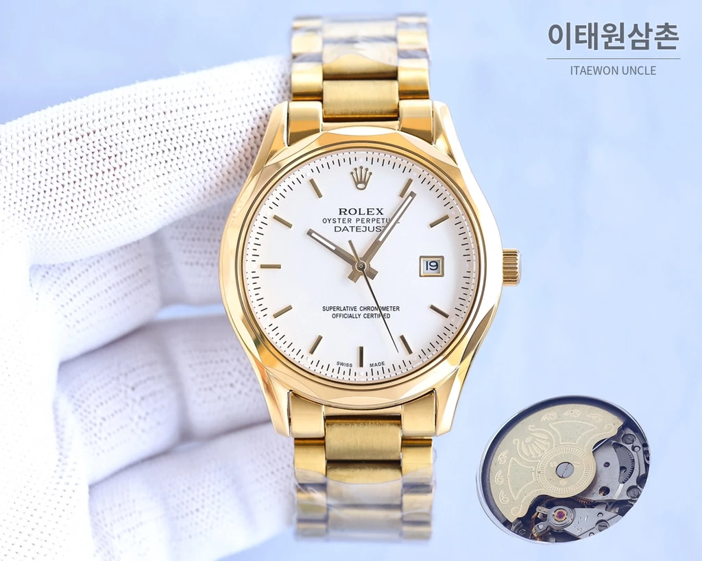 롤렉스 2024 316L 스틸 다이아몬드 베젤 카프스킨 스트랩 워치 40mm