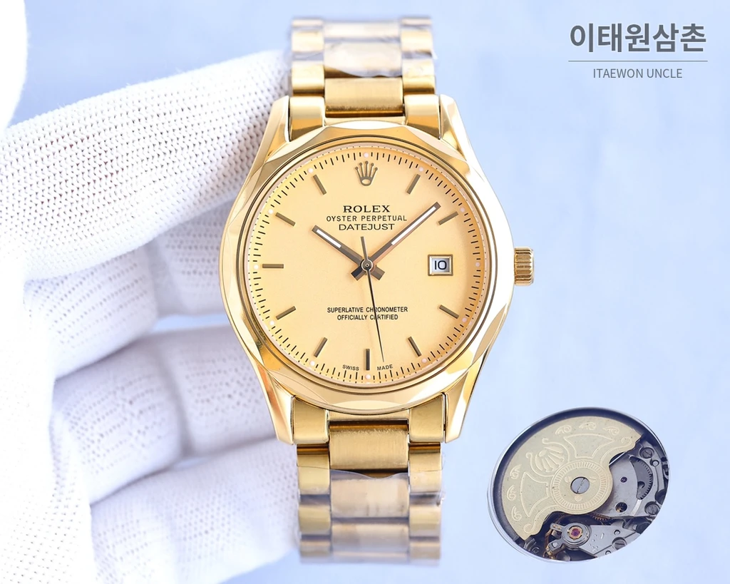 롤렉스 2024 316L 스틸 다이아몬드 베젤 카프스킨 스트랩 워치 40mm