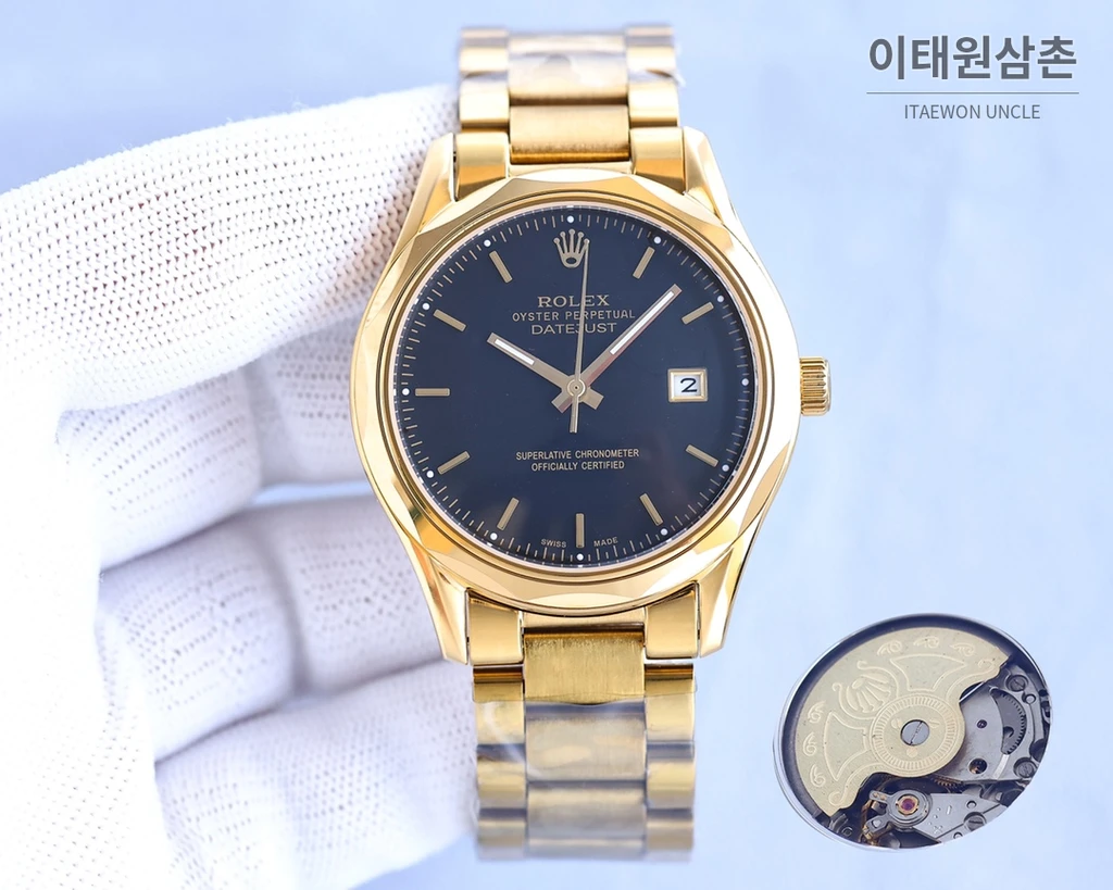 롤렉스 2024 316L 스틸 다이아몬드 베젤 카프스킨 스트랩 워치 40mm