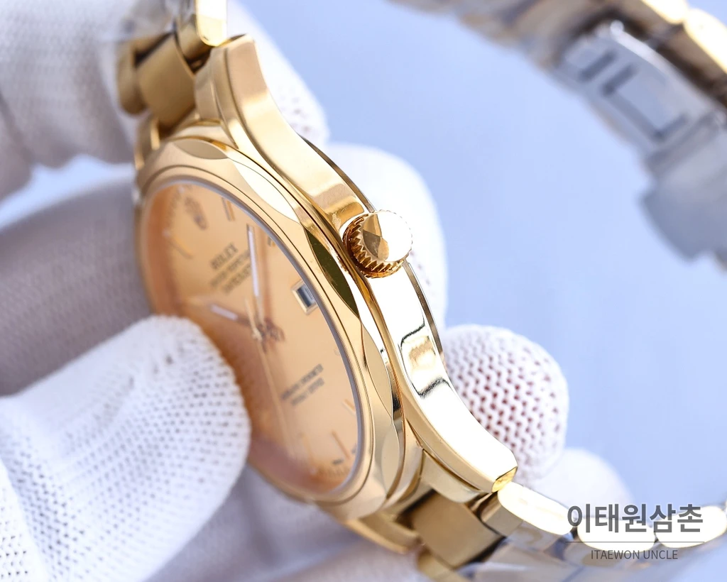 롤렉스 2024 316L 스틸 다이아몬드 베젤 카프스킨 스트랩 워치 40mm