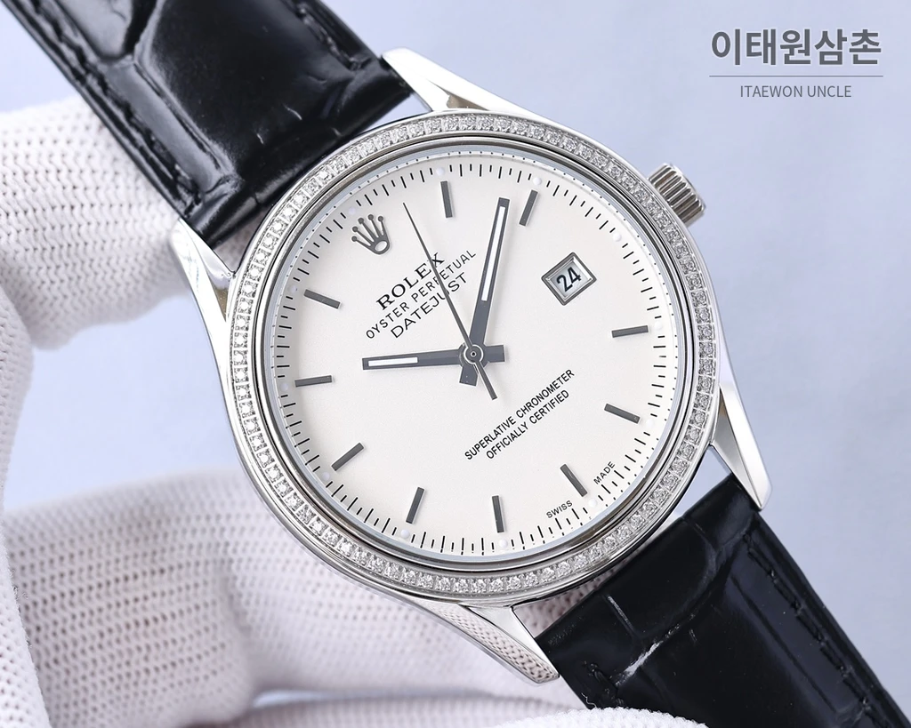 롤렉스 2025 316L 스틸 다이아몬드 베젤 카프스킨 스트랩 워치 40mm