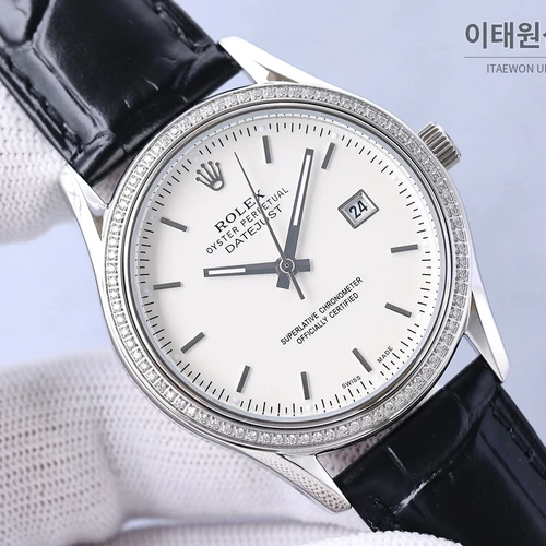롤렉스 2025 316L 스틸 다이아몬드 베젤 카프스킨 스트랩 워치 40mm