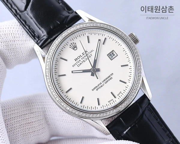 롤렉스 2025 316L 스틸 다이아몬드 베젤 카프스킨 스트랩 워치 40mm