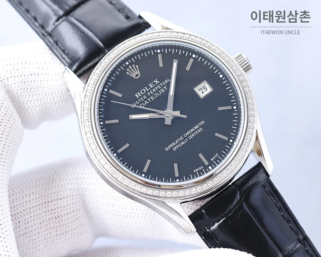 롤렉스 2025 316L 스틸 다이아몬드 베젤 카프스킨 스트랩 워치 40mm