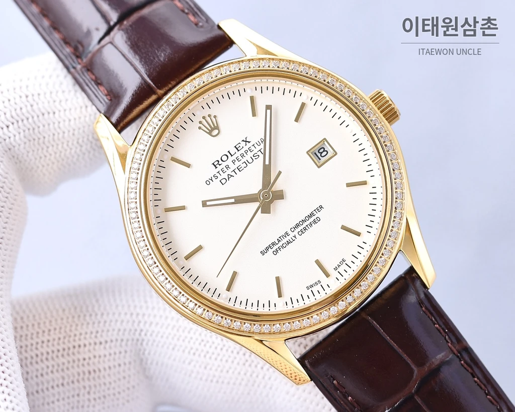 롤렉스 2025 316L 스틸 다이아몬드 베젤 카프스킨 스트랩 워치 40mm