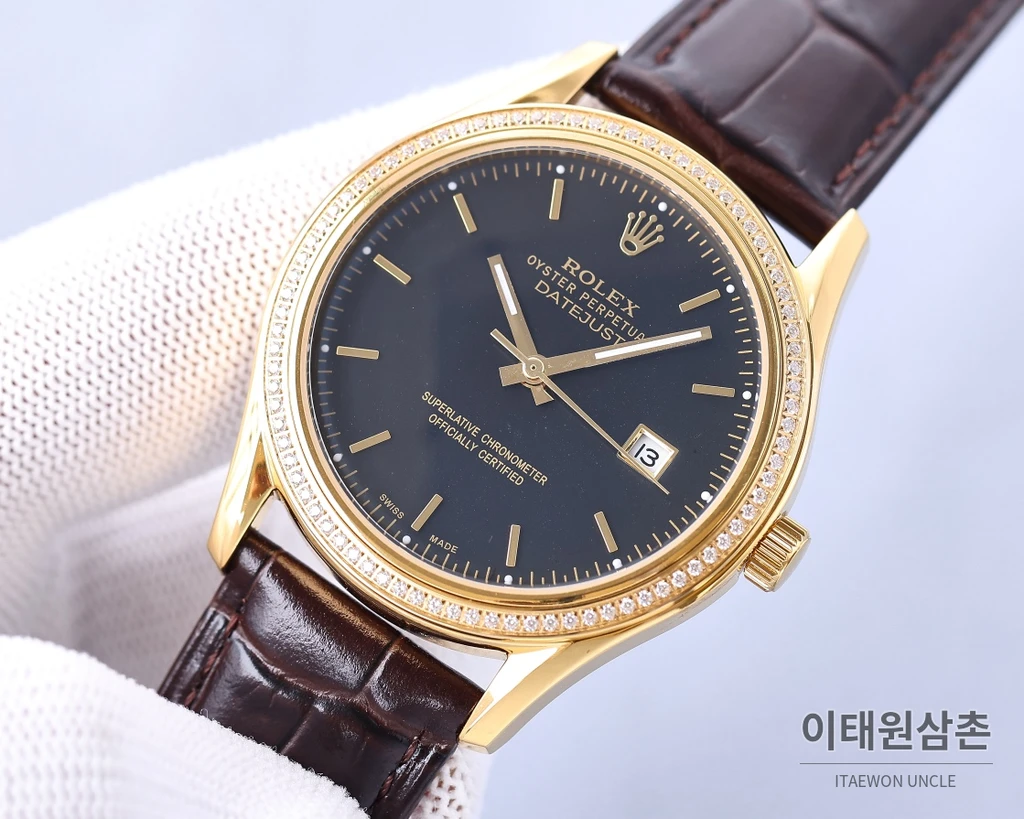 롤렉스 2025 316L 스틸 다이아몬드 베젤 카프스킨 스트랩 워치 40mm