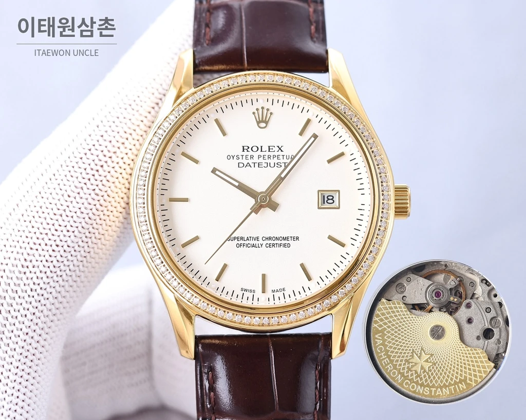 롤렉스 2025 316L 스틸 다이아몬드 베젤 카프스킨 스트랩 워치 40mm