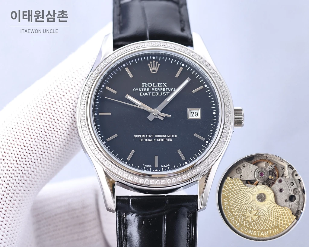 롤렉스 2025 316L 스틸 다이아몬드 베젤 카프스킨 스트랩 워치 40mm
