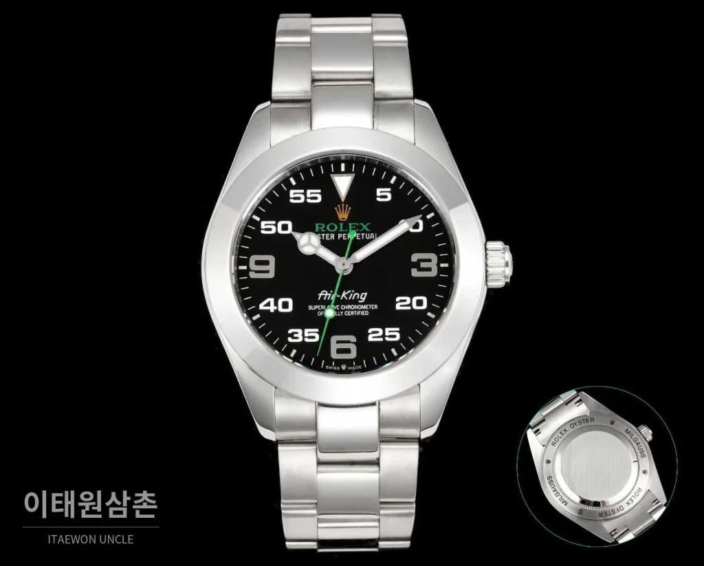 롤렉스 에어킹 스틸 블랙다이얼 그린핸즈 오토매틱 40mm 블랙 / 그린 스틸 브레이슬릿
