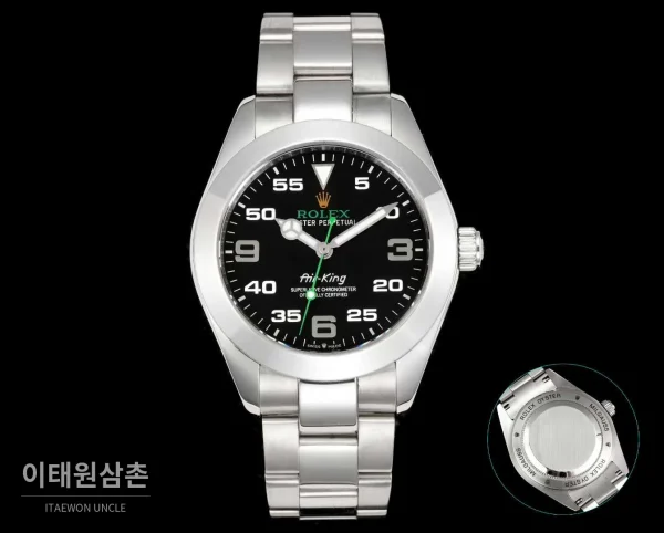 롤렉스 에어킹 스틸 블랙다이얼 그린핸즈 오토매틱 40mm 블랙 / 그린 스틸 브레이슬릿