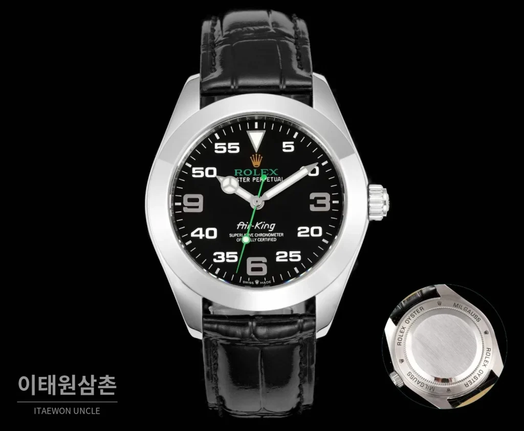 롤렉스 에어킹 스틸 블랙다이얼 그린핸즈 오토매틱 40mm 블랙 / 그린 블랙 가죽 스트랩