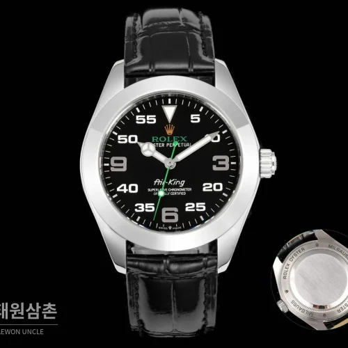 롤렉스 에어킹 스틸 블랙다이얼 그린핸즈 오토매틱 40mm 블랙 / 그린 블랙 가죽 스트랩