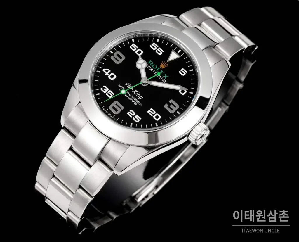 롤렉스 에어킹 스틸 블랙다이얼 그린핸즈 오토매틱 40mm 블랙 / 그린 스틸 브레이슬릿