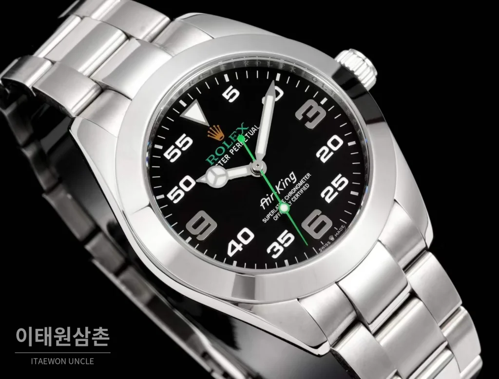 롤렉스 에어킹 스틸 블랙다이얼 그린핸즈 오토매틱 40mm 블랙 / 그린 스틸 브레이슬릿