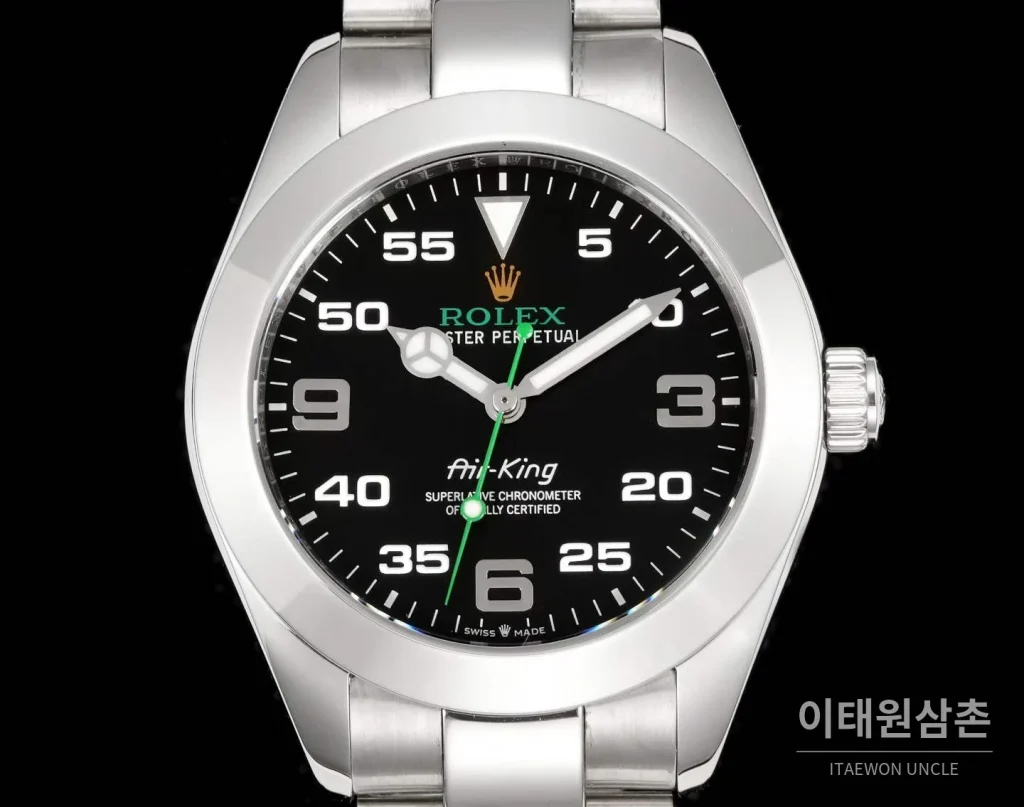 롤렉스 에어킹 스틸 블랙다이얼 그린핸즈 오토매틱 40mm 블랙 / 그린 스틸 브레이슬릿