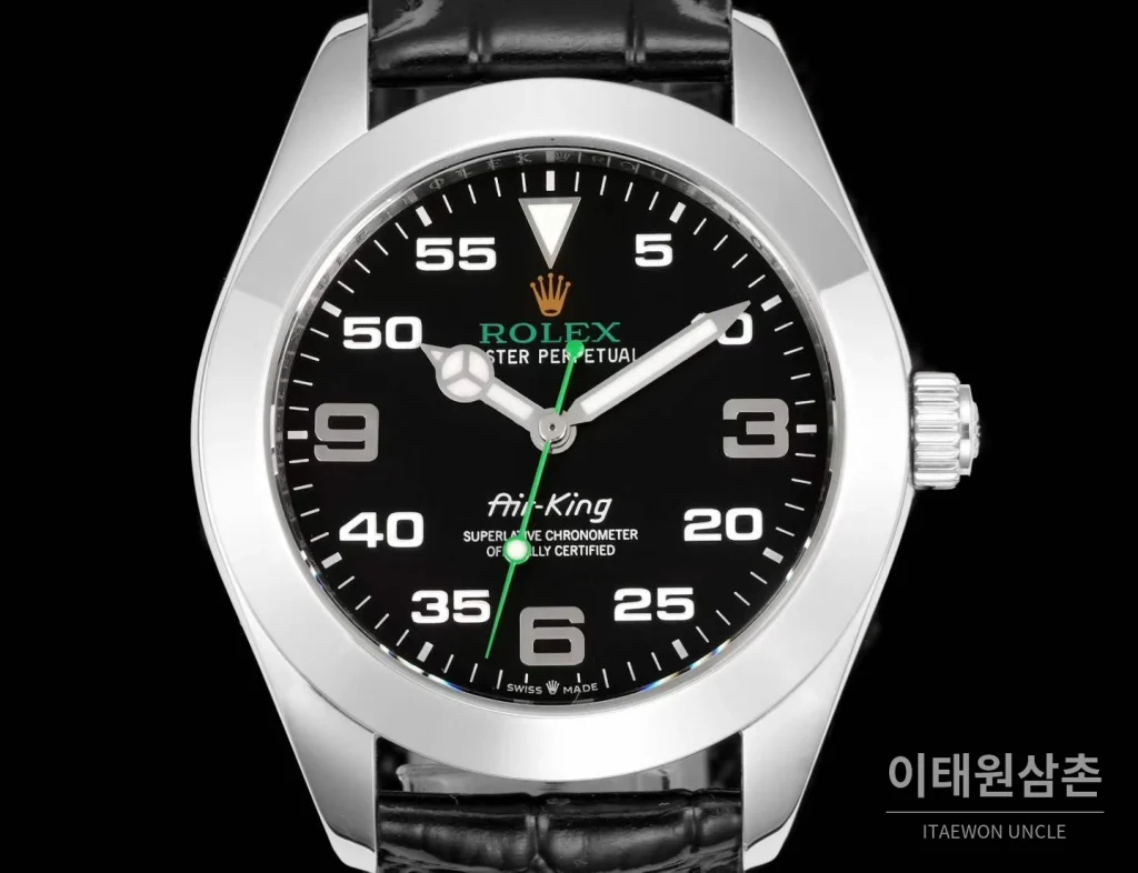 롤렉스 에어킹 스틸 블랙다이얼 그린핸즈 오토매틱 40mm 블랙 / 그린 블랙 가죽 스트랩