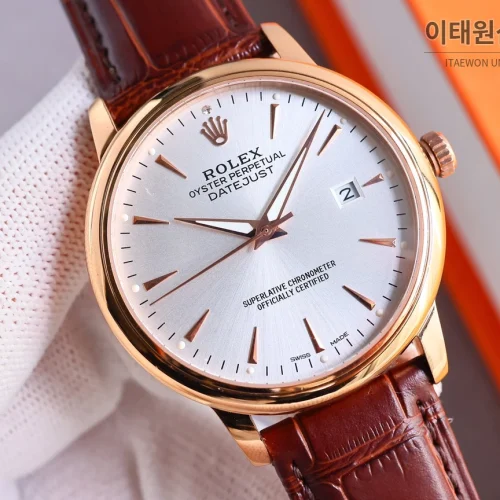 롤렉스 오토매틱 40mm 실버 다이얼 브라운 가죽 스트랩 로즈골드 베젤
