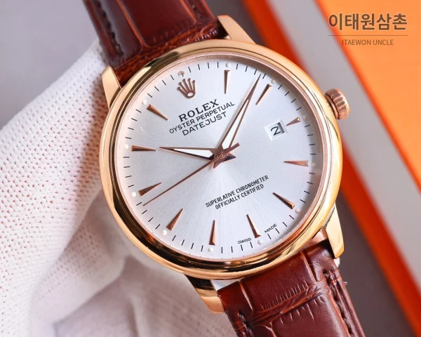 롤렉스 오토매틱 40mm 실버 다이얼 브라운 가죽 스트랩 로즈골드 베젤