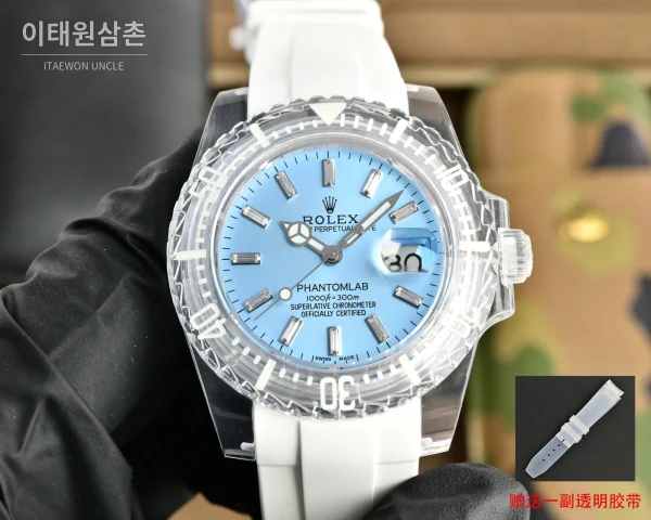 롤렉스 오토매틱 40mm 아이스블루 다이얼 화이트 러버 스트랩