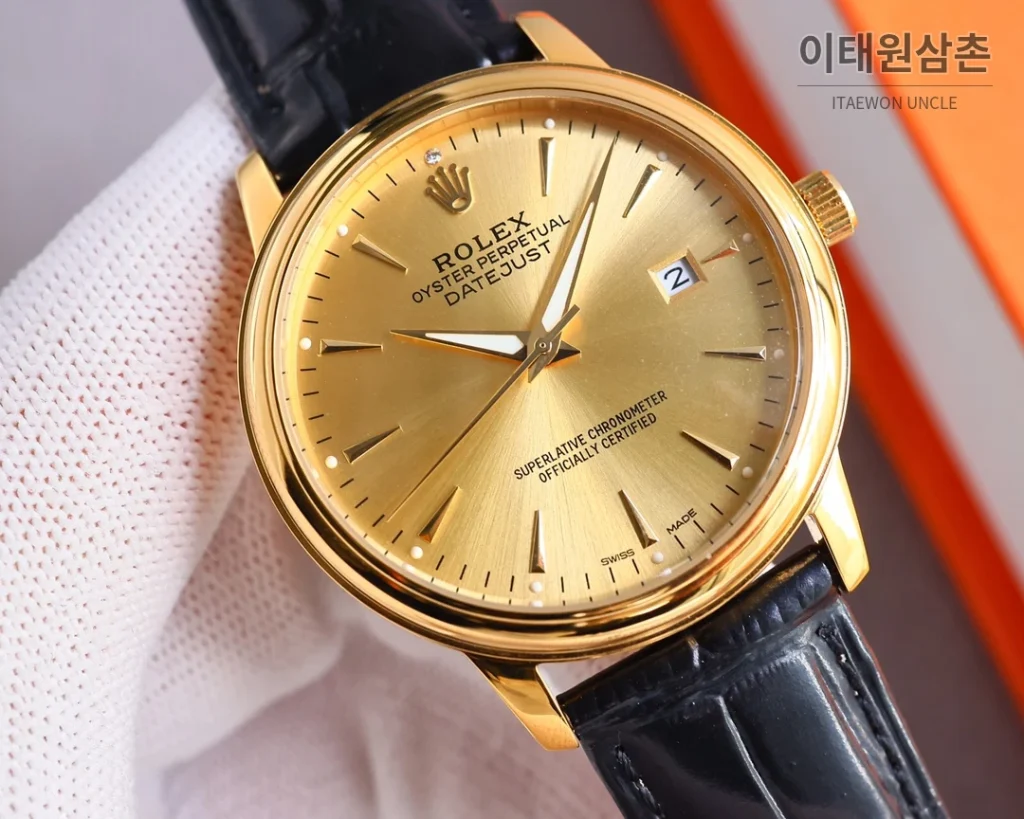 롤렉스 오토매틱 40mm 골드 다이얼 블랙 가죽 스트랩 골드 케이스