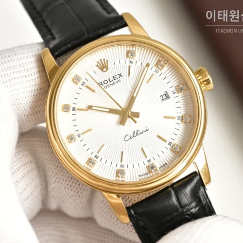 롤렉스 오토매틱 40mm 화이트 다이얼 블랙 가죽 스트랩 골드 베젤 (2)